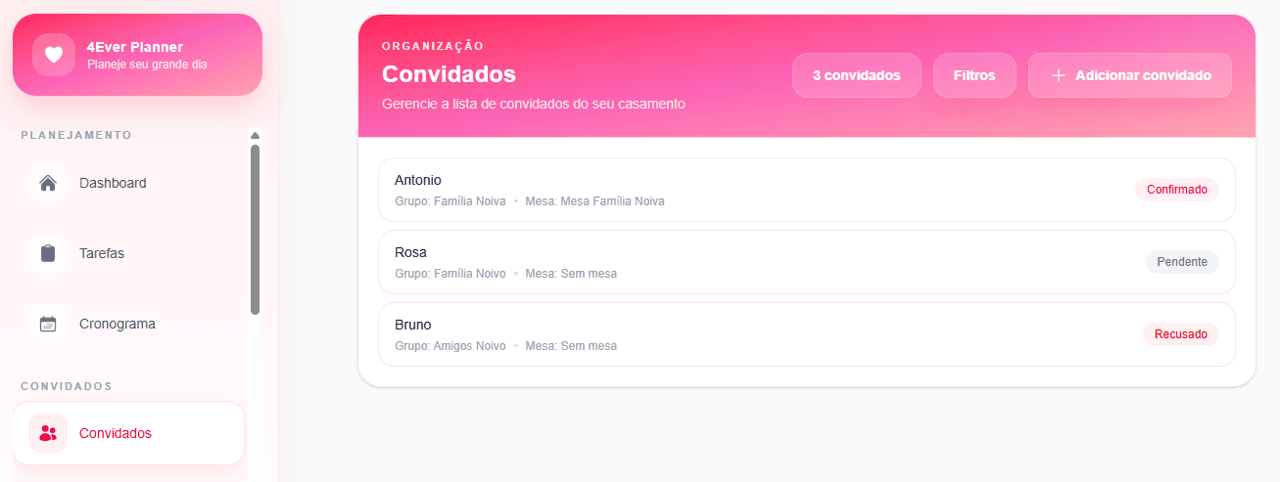 Gestão de convidados no planner de casamento 4Ever Planner