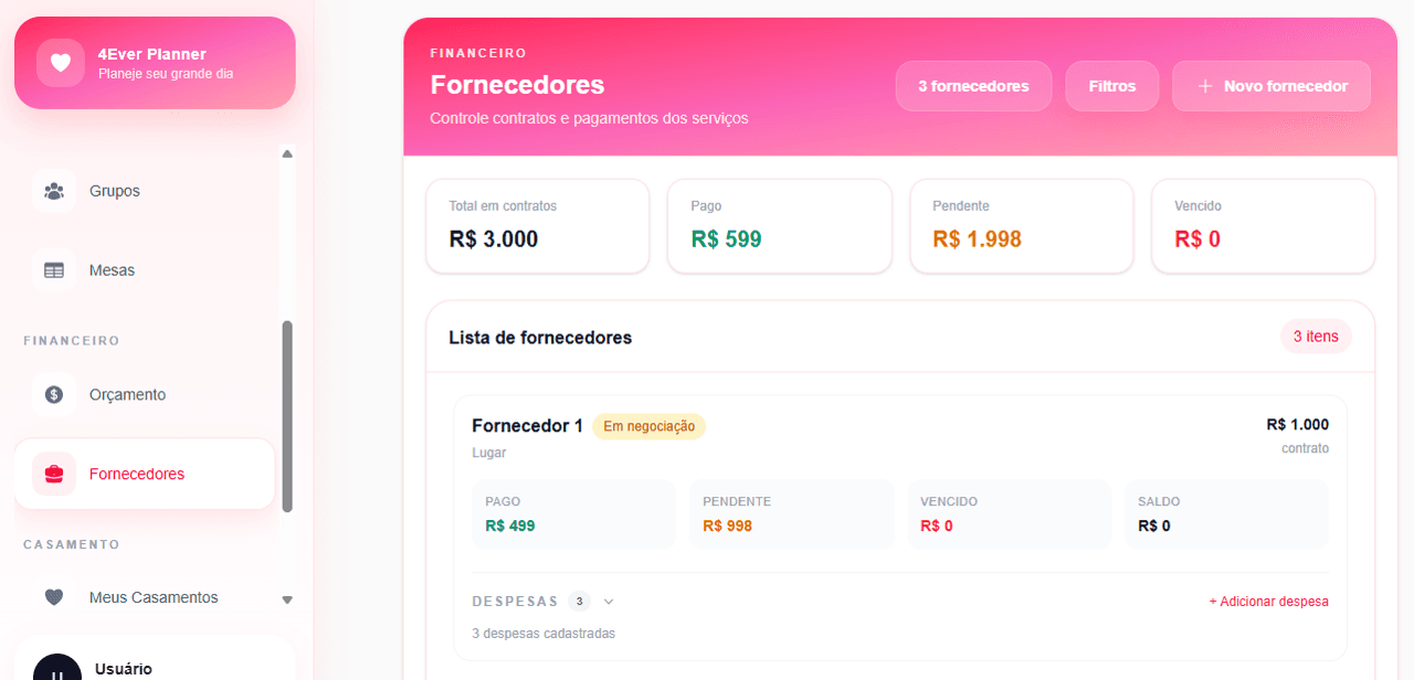 Fornecedores e contratos no planner de casamento 4Ever Planner